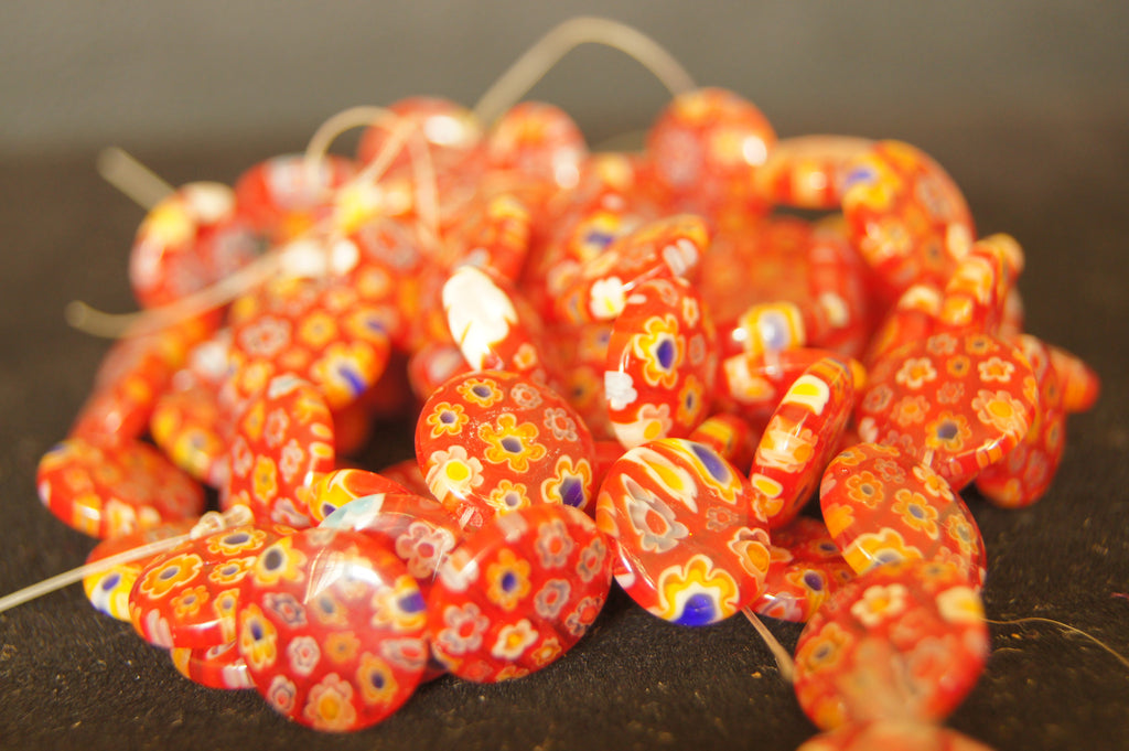 Bead mix, glazed ceramic, multicolored(red),  100mm round with hand-painted geometric design. $0.50 per 3pc