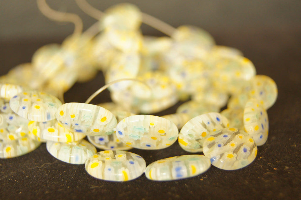 Bead mix, glazed ceramic, multicolored(yellow), 170mm x 100mm rondelle with hand-painted geometric design. $0.50 per 3pc