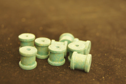 Bead, painted wood (coated), light green textured hand-cut round cylinder with pattern - 1.5cm x 1cm