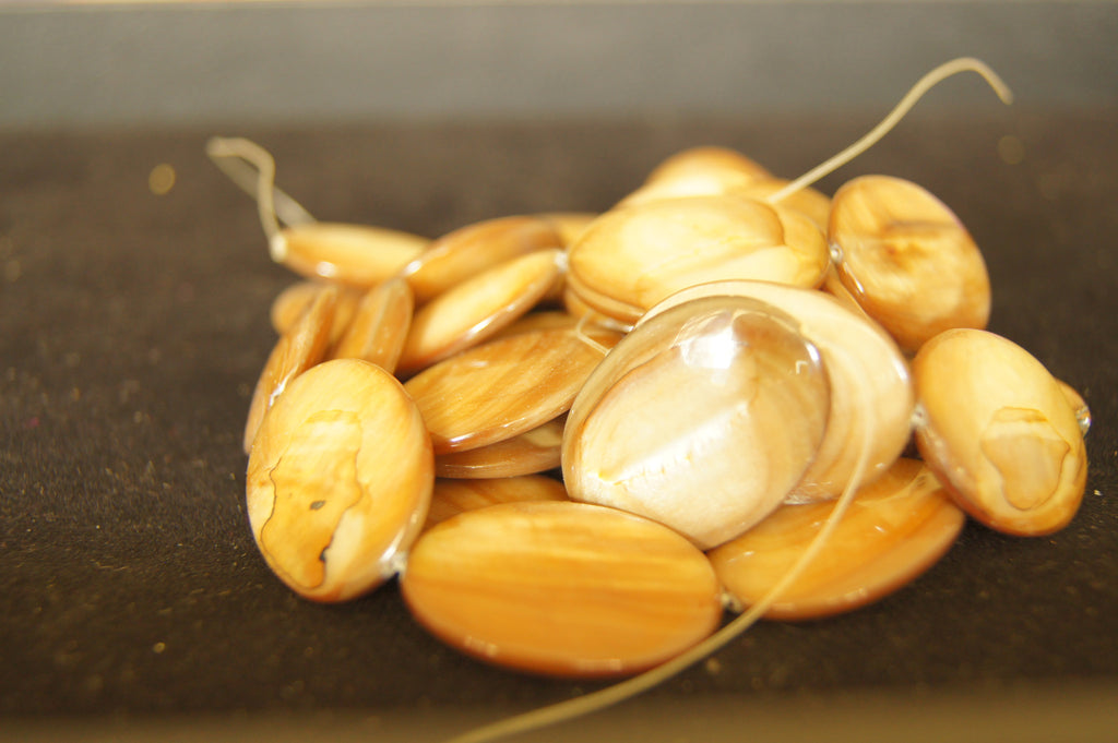 Bead, porcelain, glossy brown 30mmx20mm flat oval - $0.50 per 2pc