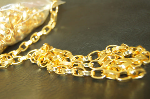 Chain, gold finished steel, 25x15mm squared flat oval cable-$0.95per10cm