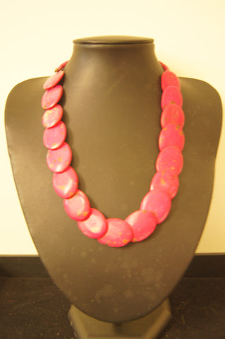 Flat oval red-purple imitation stone necklace - 24cm